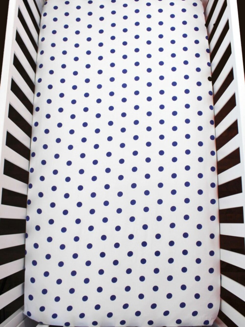 ORGANIC COTTON KIDS BEDDING / NAVY POLKA DOTS CRIB FITTED SHEET